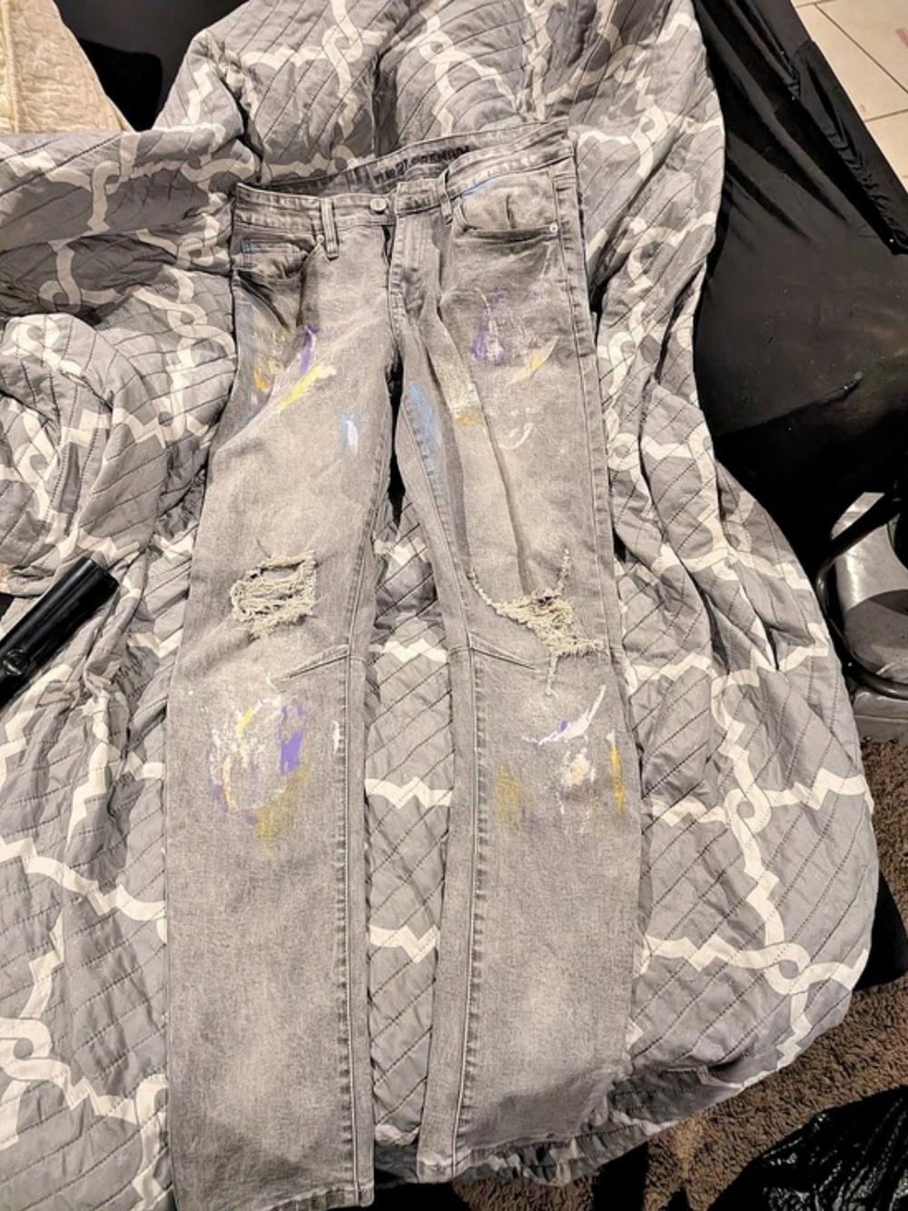 True Religion Premium Men's Slim Paint-Splatter Jeans in Gray